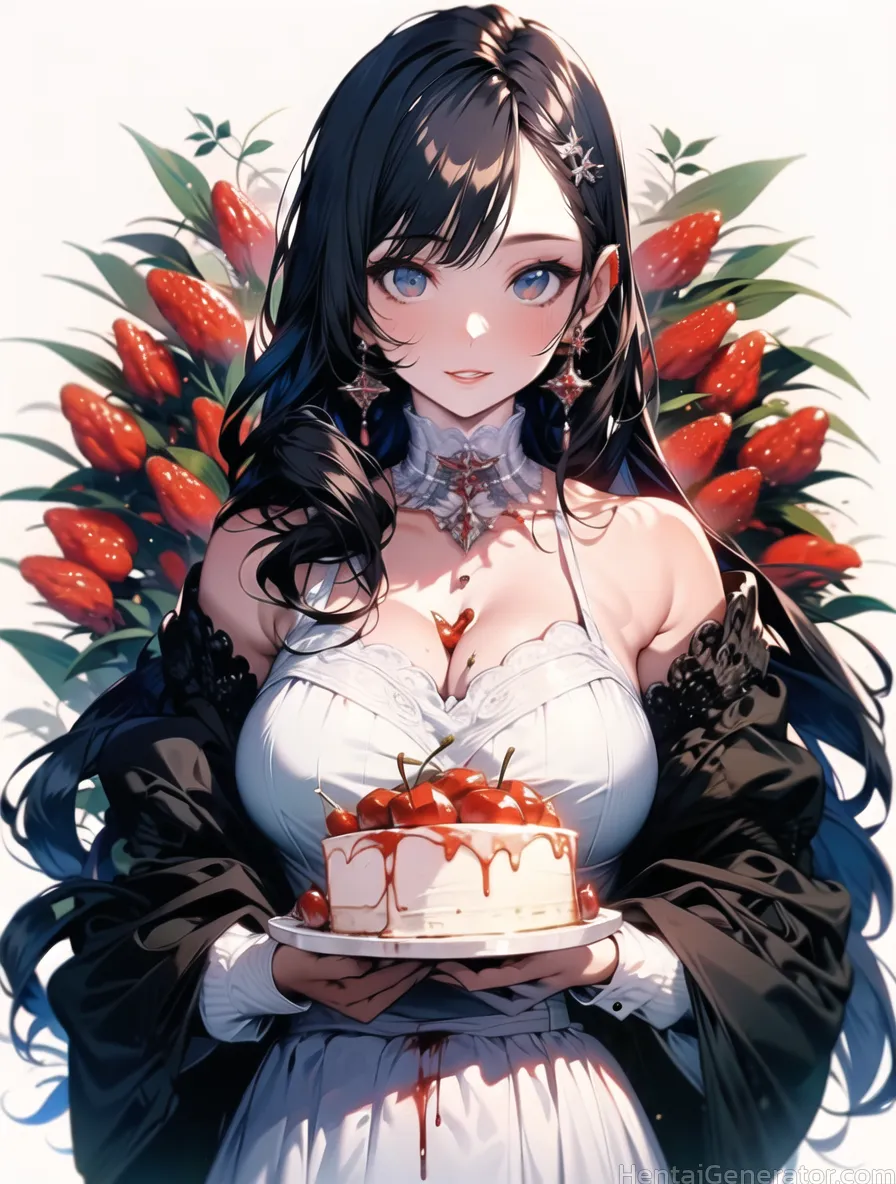  1girl apple bangs bare shoulders berry birthday cake black hair blood blood on clothes blood on face blood on hands blood on weapon blood splatter bl