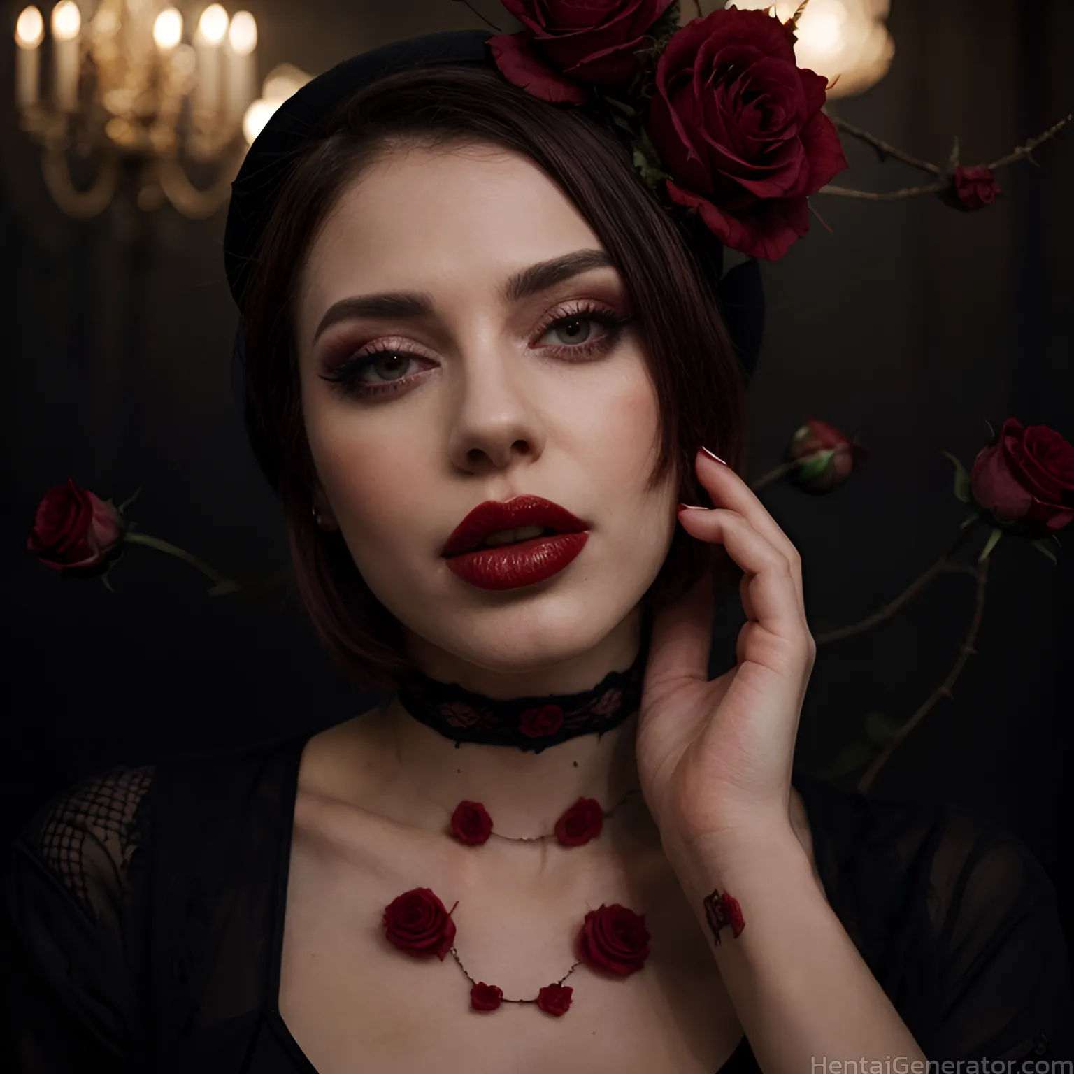  1girl apple berry black flower black rose bleeding blood blood on hands blood splatter blue rose bouquet camellia cherry choker defloration flower fl