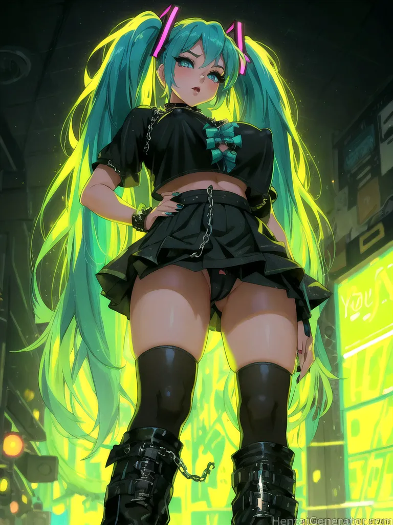  1girl aqua eyes aqua hair aqua nails hentaigenerator ass visible through thighs belt black footwear black legwear black panties black skirt boots bow