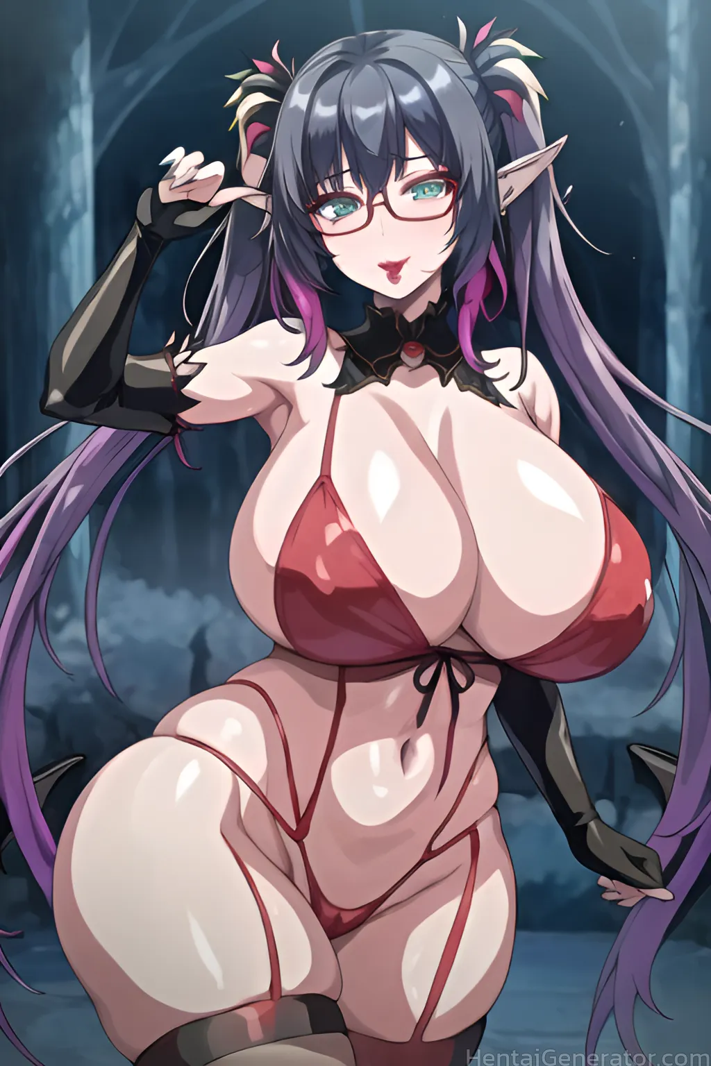  1girl aqua eyes bikini black hair breasts bridal gauntlets cleavage curvy elbow gloves elf garter straps glasses gloves huge breasts long hair lookin