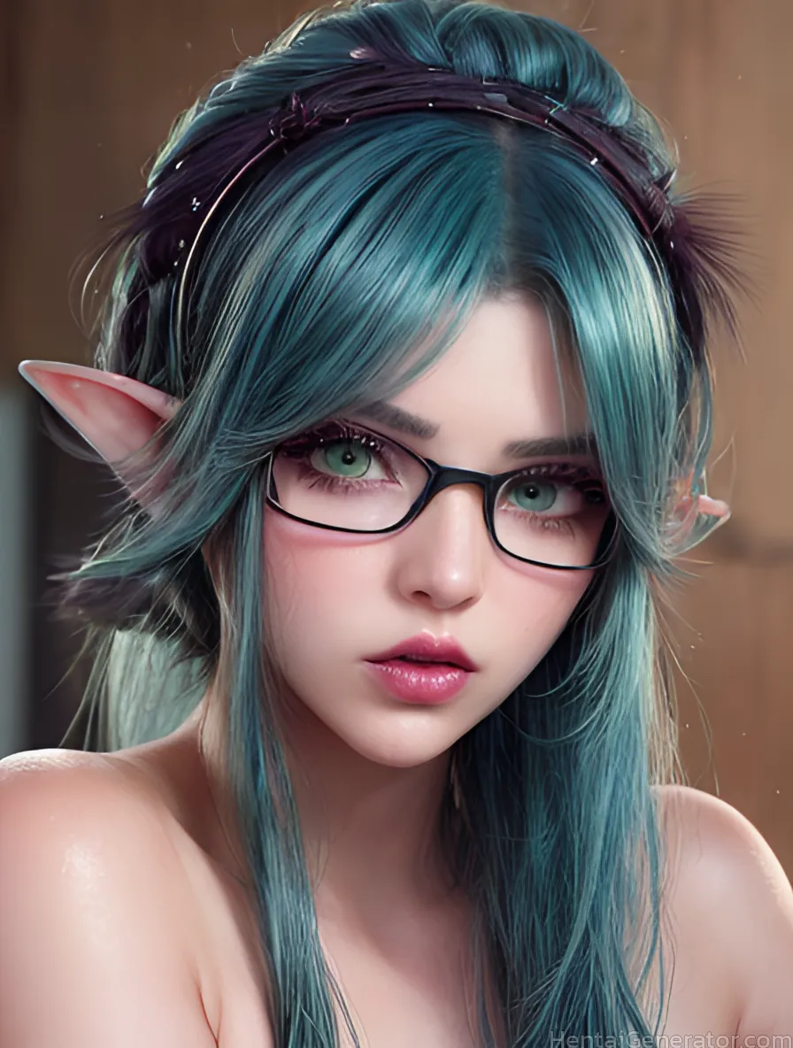  1girl aqua hair hentaigenerator bare shoulders black-framed eyewear elf eyelashes glasses green eyes green hair lips long hair long pointy ears looki