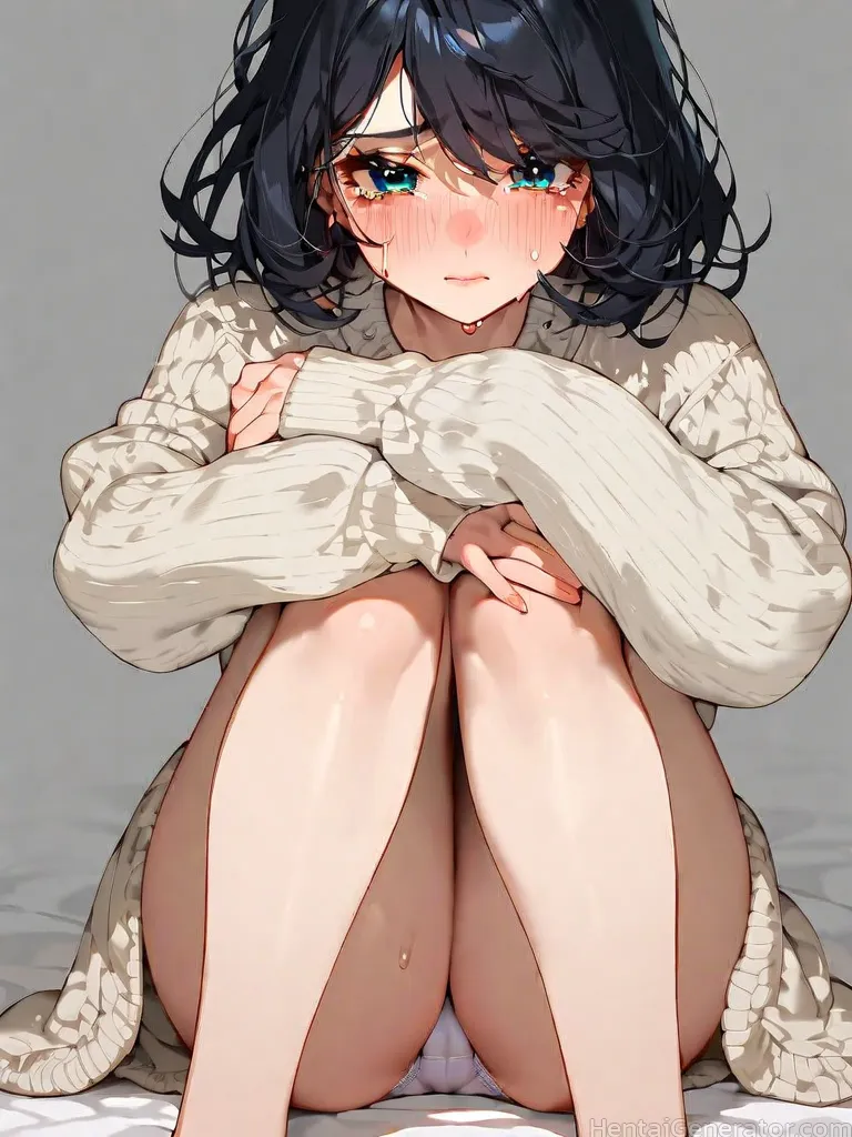  1girl aran sweater bangs black hair blush breasts closed mouth crying crying with eyes open dress eyebrows visible through hair grey background knees