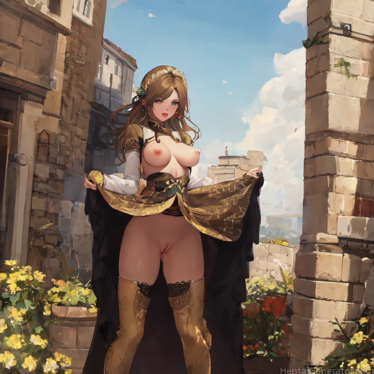  1girl arch hentaigenerator ass visible through thighs blue sky boots breasts breasts outside brick brick floor brick wall brown hair building castle 