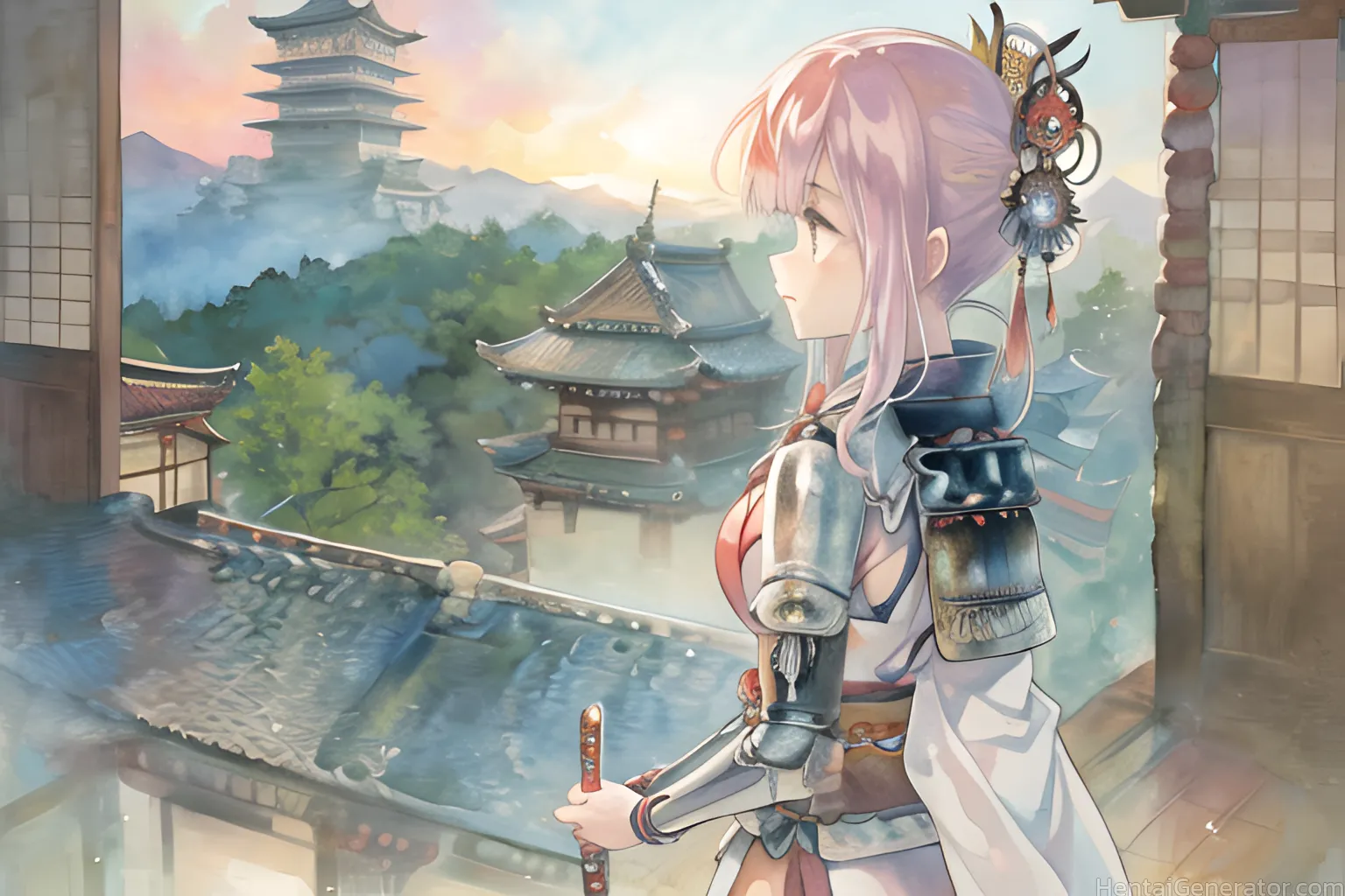  1girl architecture armor breasts bridge building castle city cityscape cloud cloudy sky east asian architecture from side hair ornament holding holdi