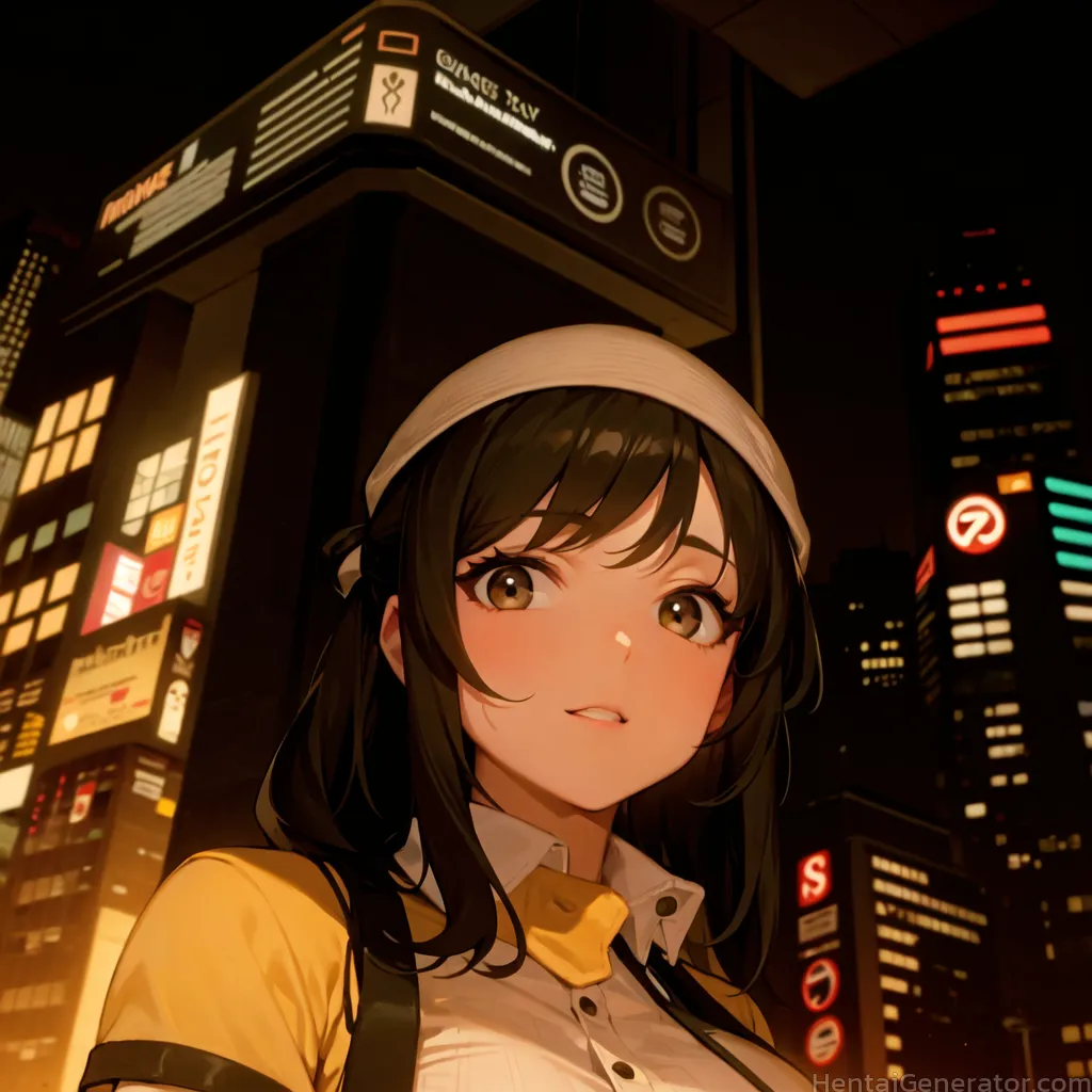  1girl architecture bangs bookshelf brick wall bridge brown eyes brown hair building city city lights cityscape collared shirt convenience store east 