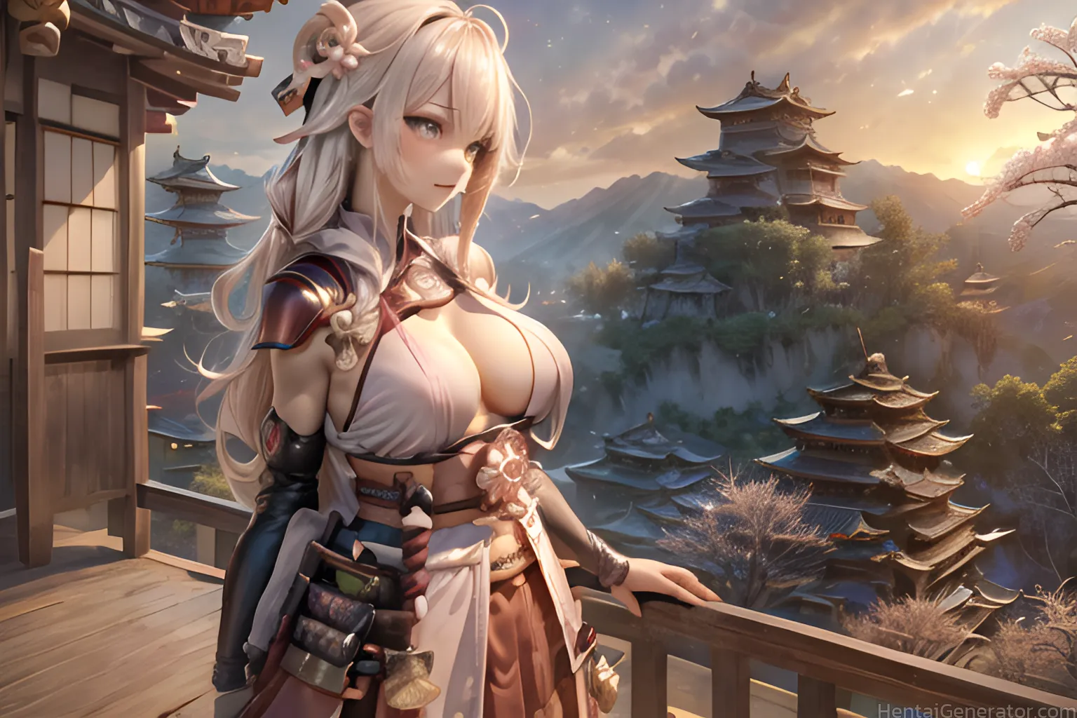  1girl architecture breasts bridge building castle cleavage cloud cloudy sky east asian architecture evening flower gradient sky grey eyes hair orname