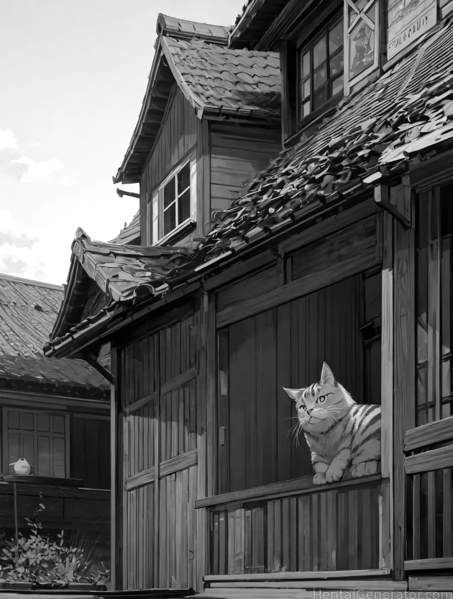  1girl architecture building cat donation box east asian architecture fox ears greyscale house japanese clothes monochrome no humans outdoors scenery 