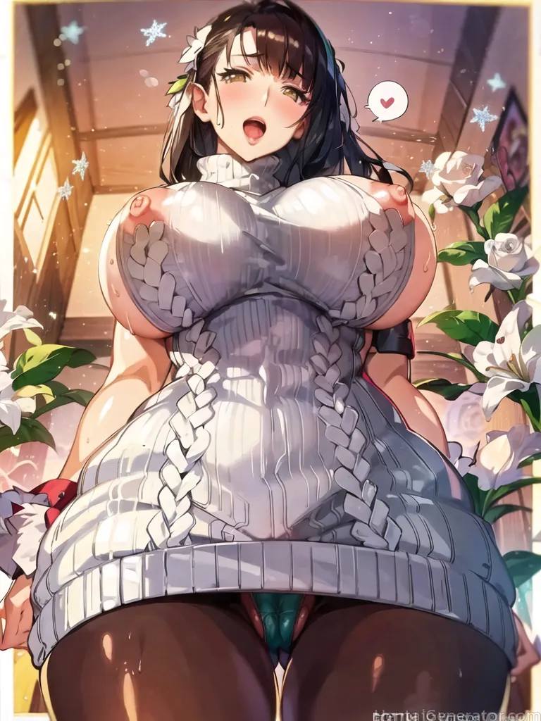  1girl areolae bangs bare shoulders black hair black legwear blush bouquet breasts breasts outside brown eyes covered nipples cowboy shot daisy day dr