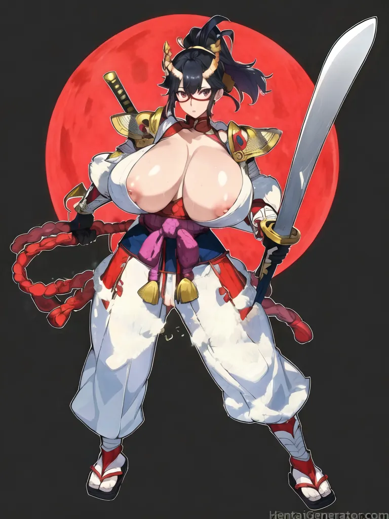  1girl areolae black hair breasts cleavage full moon holding sword holding weapon horns huge breasts japanese armor japanese clothes katana long hair 