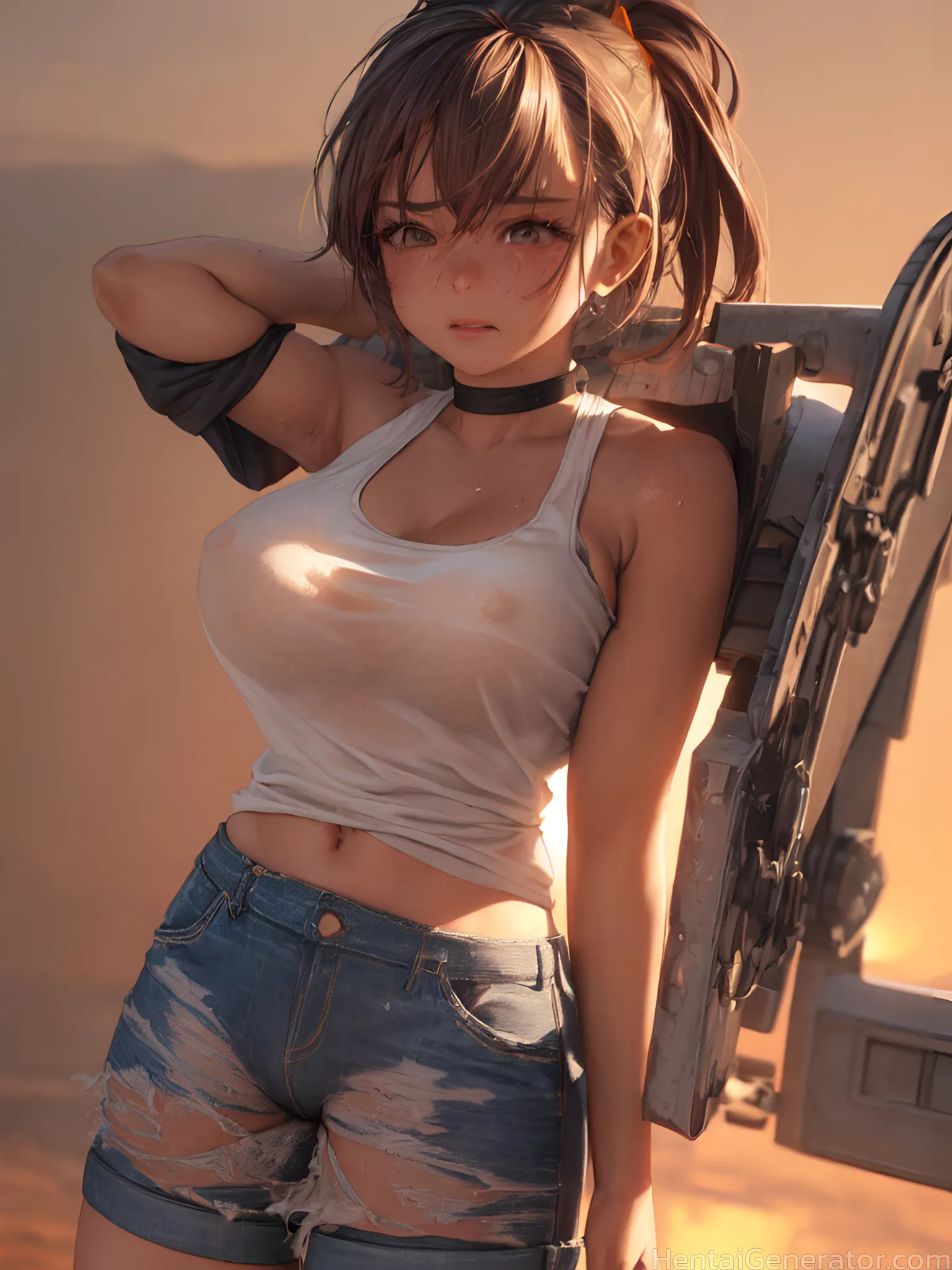  1girl arm at side arm behind head arm up bangs bare shoulders black choker breasts brown eyes brown hair choker collarbone covered nipples crop top c