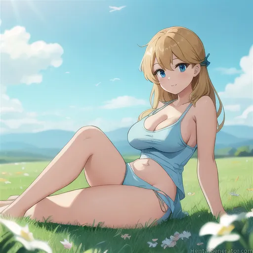  1girl arm support bare shoulders barefoot beach bird blonde hair blue eyes blue sky blurry blurry background blurry foreground breasts cleavage close