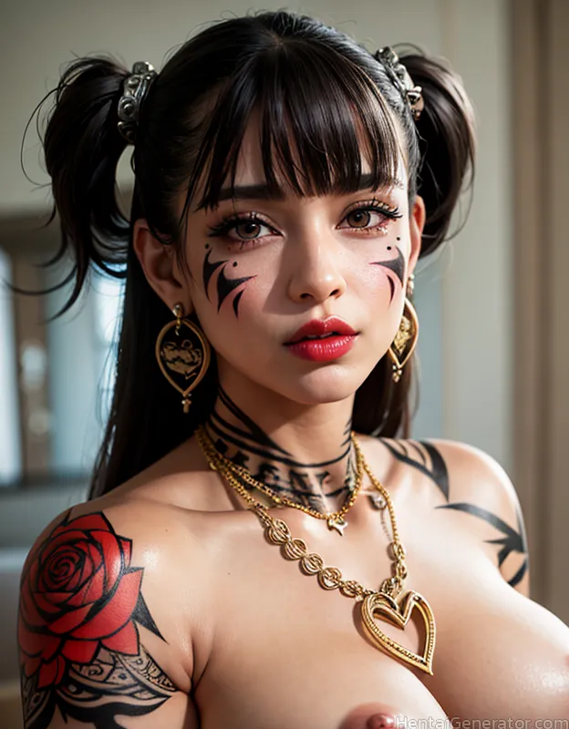  1girl arm tattoo armlet bangs bare shoulders black hair blurry blurry background blurry foreground bodypaint breast tattoo breasts brown eyes chest t