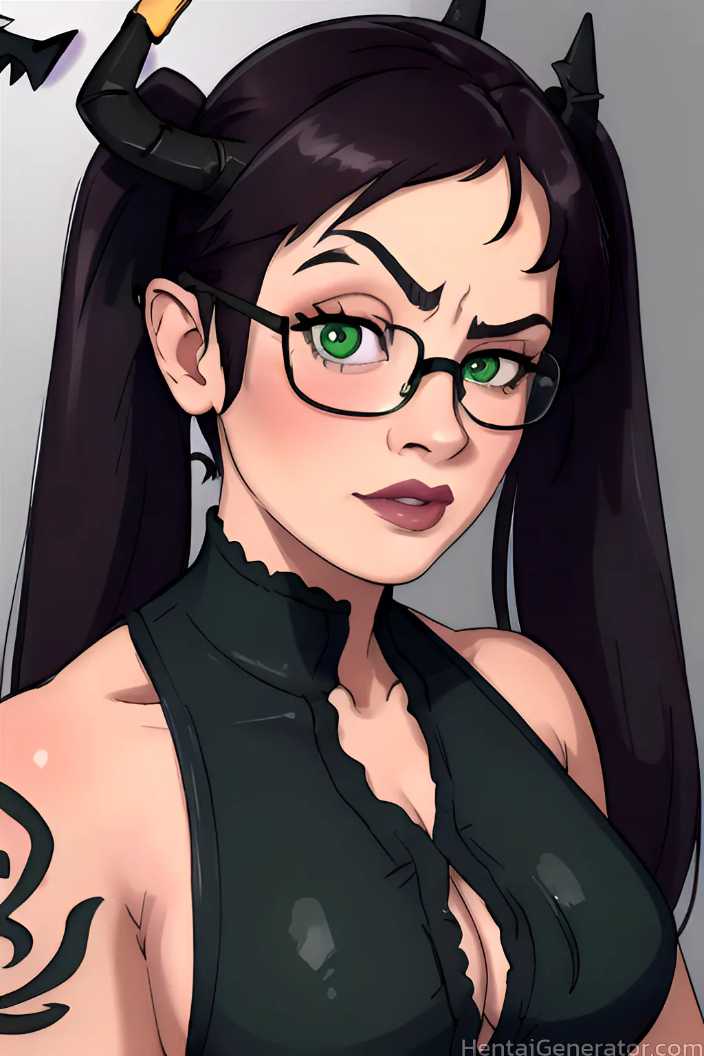  1girl arm tattoo back tattoo black-framed eyewear black hair body writing breast tattoo breasts chest tattoo cleavage demon girl demon horns glasses 