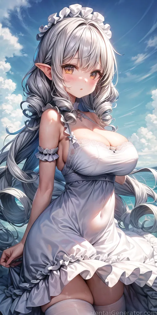  1girl armlet bangs bare shoulders blue sky blush breasts brown eyes cleavage cloud cloudy sky covered navel curly hair day dress drill hair large bre