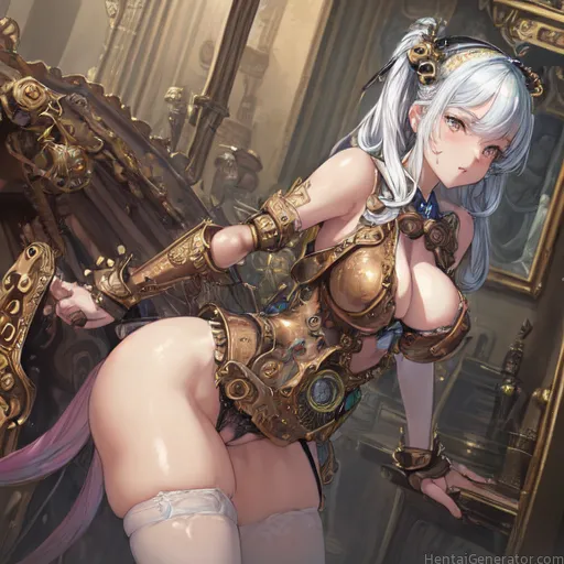  1girl armlet bangs bare shoulders breasts cleavage gem gun hair ornament indoors jewelry large breasts leotard long hair looking at viewer silver hai