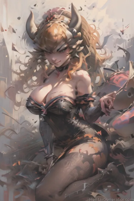  1girl armlet bare shoulders black dress blonde hair blue eyes bracelet breasts cleavage collar crown dress horns jewelry large breasts long hair pony