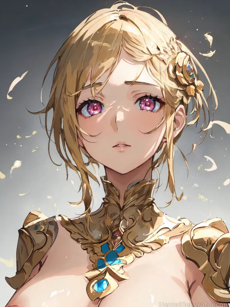  1girl armor bangs blonde hair breasts feathers gradient gradient background grey background hair ornament looking at viewer medium breasts parted lip