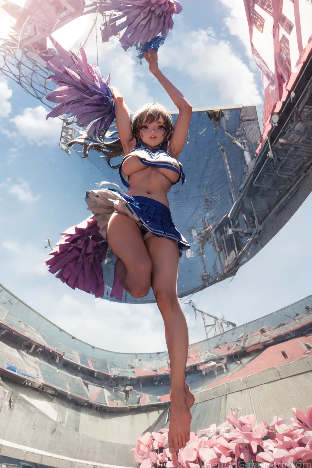  1girl armpits arms up barefoot blue skirt blue sky breasts brown hair building cheerleader city cloud cloudy sky crop top overhang day feathered wing