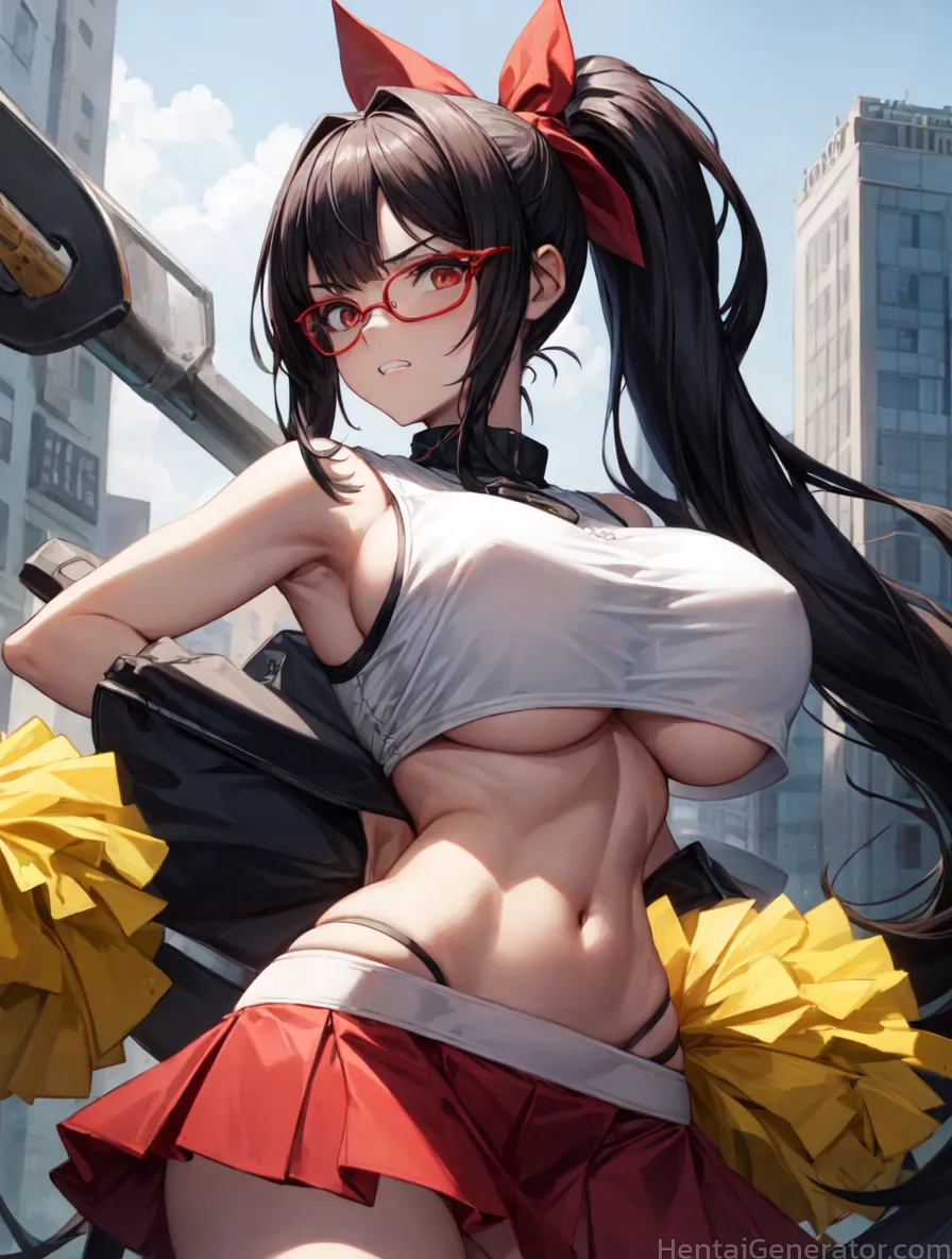  1girl armpits bangs bare shoulders black hair black panties blue sky blush breasts building cheerleader crop top crop top overhang day glasses hair r