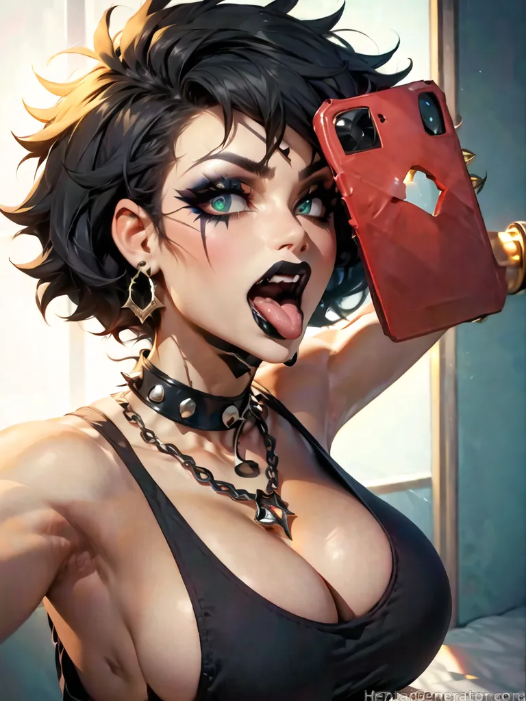  1girl armpits bare shoulders black hair breasts cellphone chain choker cleavage collar ear piercing earrings holding phone indoors jewelry large brea