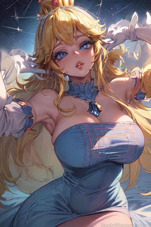  1girl armpits bare shoulders blonde hair blue eyes breasts cleavage crown dress earrings gloves jewelry large breasts light particles long hair looki