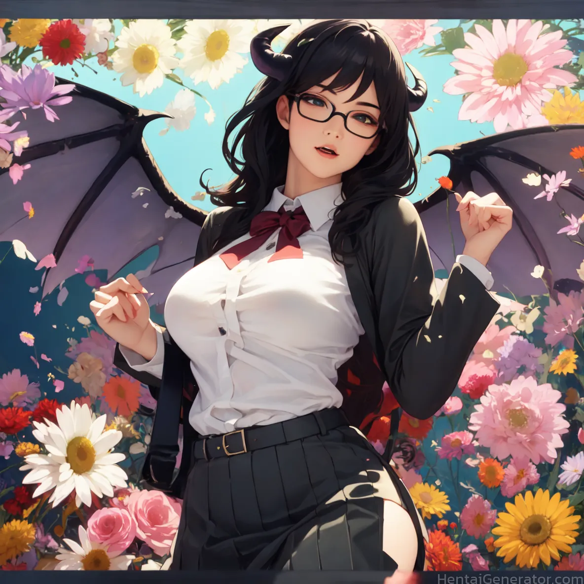  1girl art nouveau hentaigenerator bat wings bee black flower black wings blue flower bouquet branch breasts camellia cherry blossoms daisy dandelion 