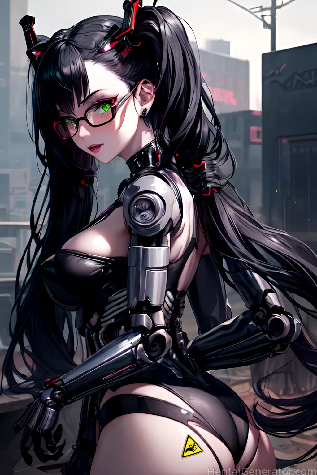  1girl ass assault rifle bangs black hair breasts bullpup ear piercing earrings glasses green eyes gun handgun holding gun holding weapon jewelry larg