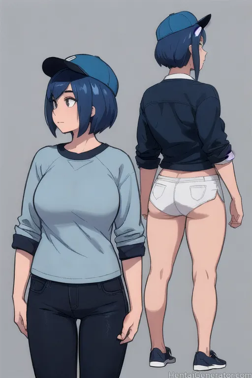  1girl ass blue headwear breasts from behind grey background hat large breasts multiple views pants shirt shoes short hair sneakers sfw  