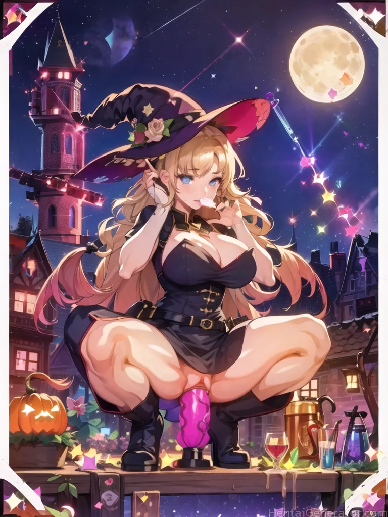  1girl aurora bat belt black headwear blonde hair blue eyes boots breasts broom broom riding building candy candy cane cape castle city city lights ci