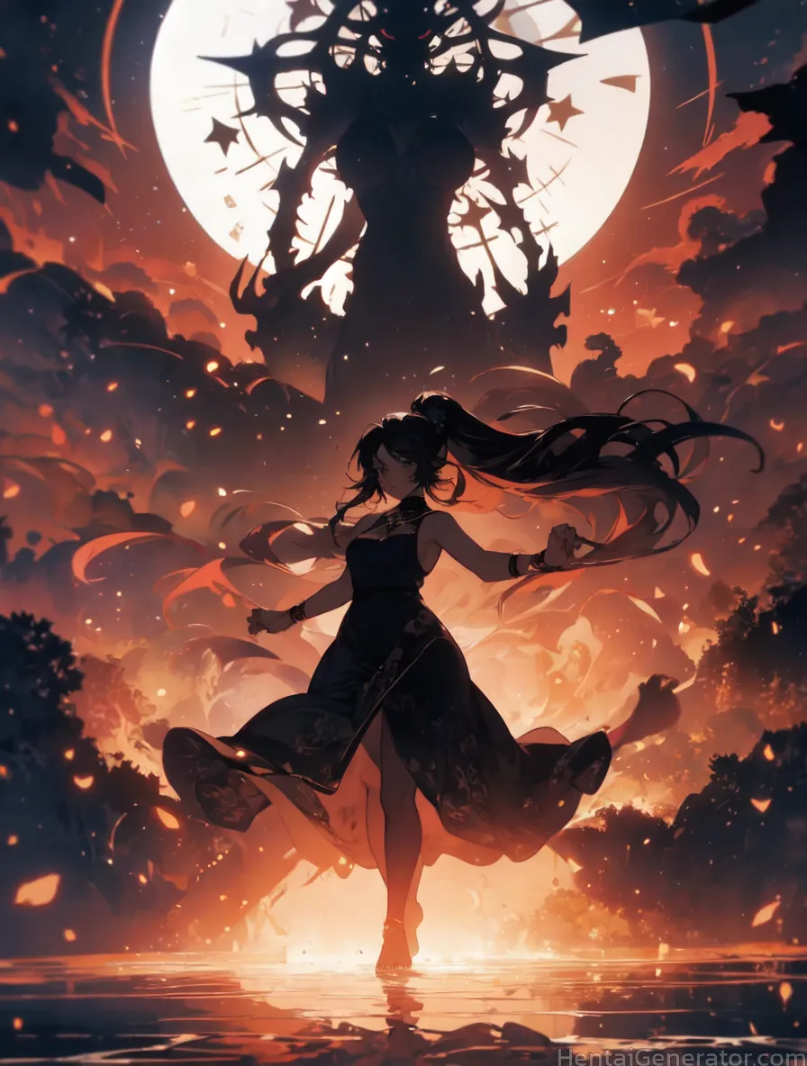  1girl autumn autumn leaves bat black hair breathing fire burning campfire candle castle cloud cloudy sky crescent moon dress dusk embers evening expl