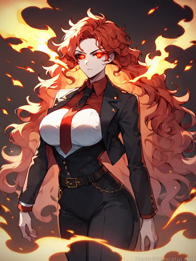  1girl autumn autumn leaves blue fire breasts breathing fire burning burnt clothes campfire candle candlelight cigarette cooking curly hair dusk elect