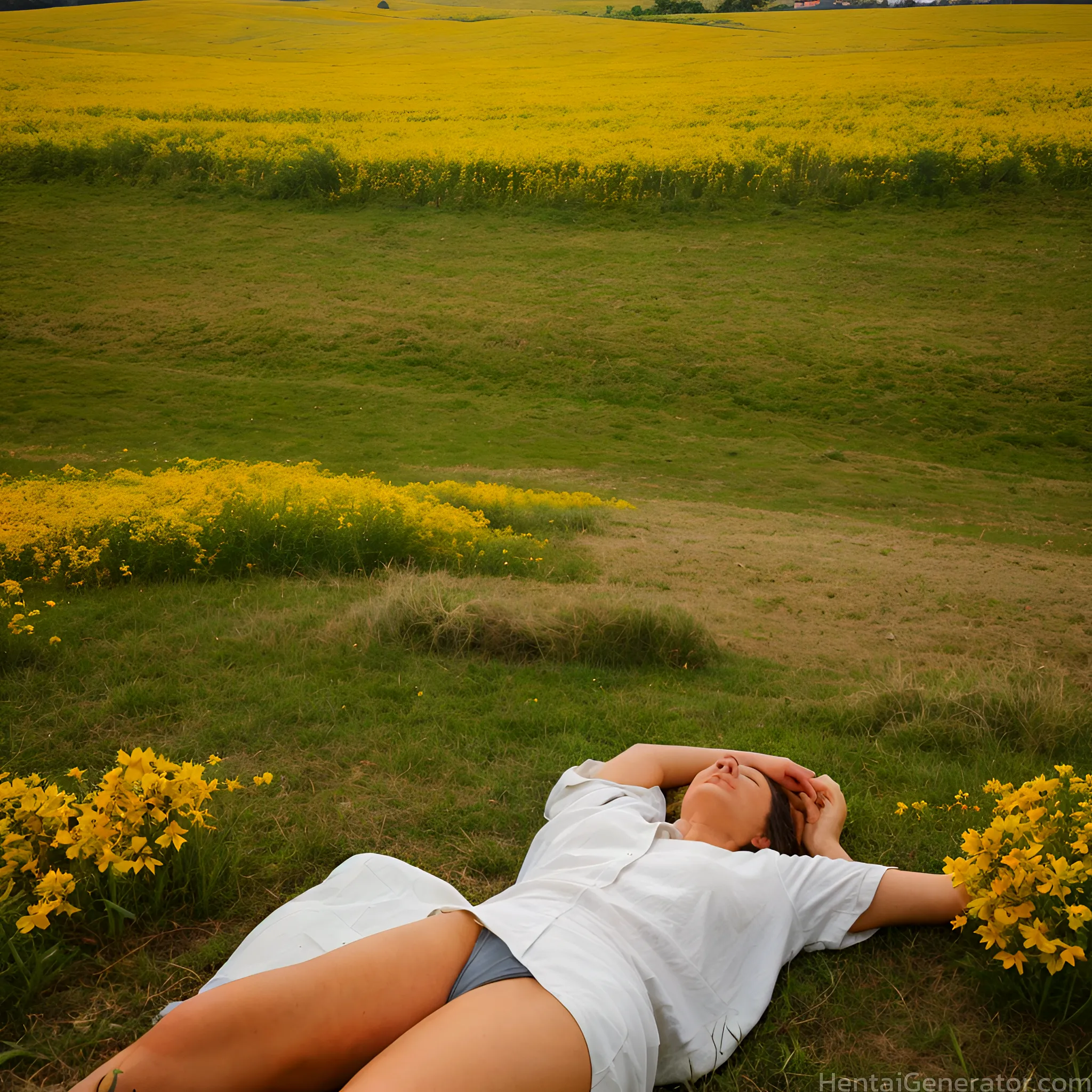  1girl autumn autumn leaves blue panties breasts dandelion day field flower flower field garden grass leaf lying mountain nature no bra on back on gra