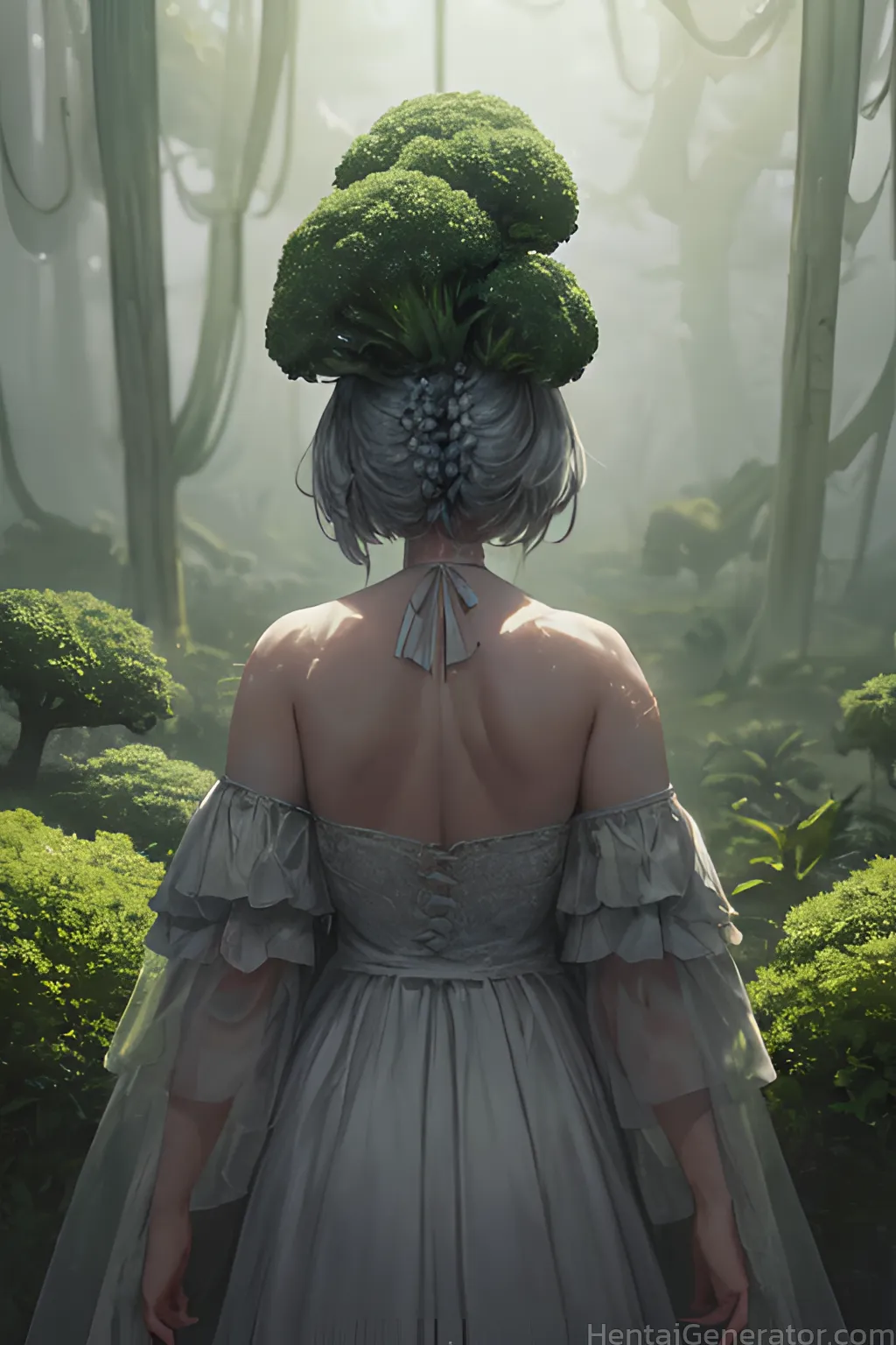  1girl back bamboo bamboo forest bare shoulders bush day dress facing away forest from behind grass hat leaf long sleeves nature off-shoulder dress of