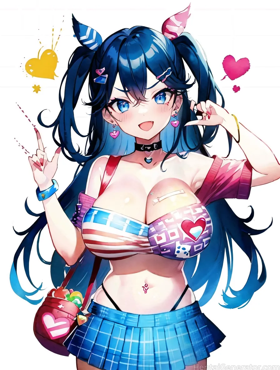  1girl bag bangs bare shoulders black choker black hair black panties blue eyes blue nails blue skirt blush bracelet breasts choker cleavage collarbon