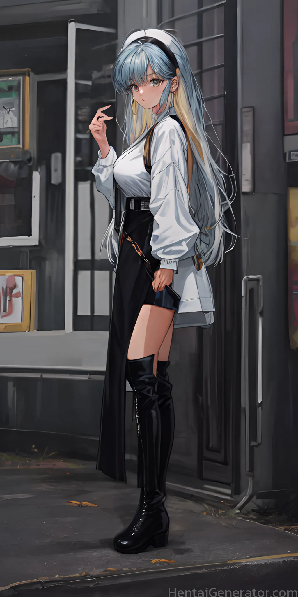  1girl bag bangs black footwear black skirt blue hair boots breasts earrings full body hat high heel boots high heels long hair long sleeves looking a