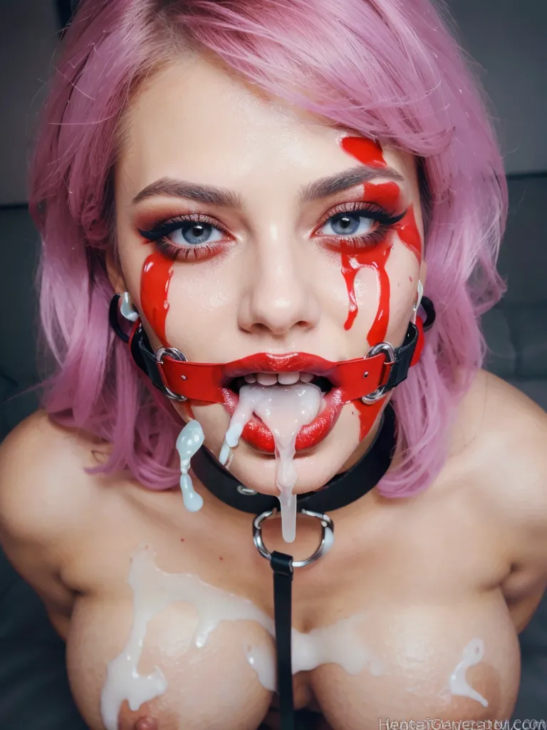  1girl ball gag bdsm blue eyes bondage bound breasts chain collar cum cum on body cum on breasts gag gagged leash lips looking at viewer looking up ni