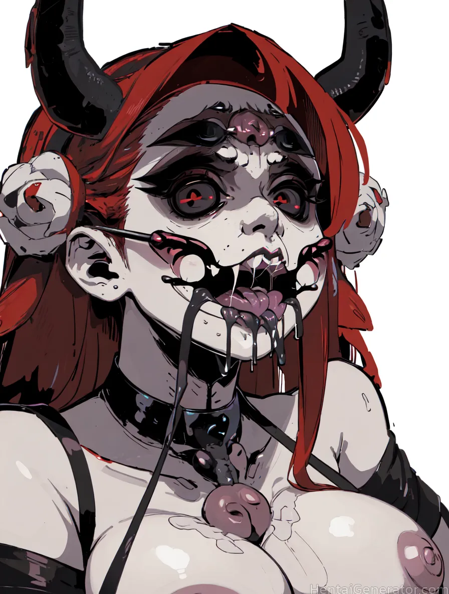  1girl ball gag breasts collar gag gagged horns long hair nipple piercing nipples piercing red hair saliva solo tongue nsfw  