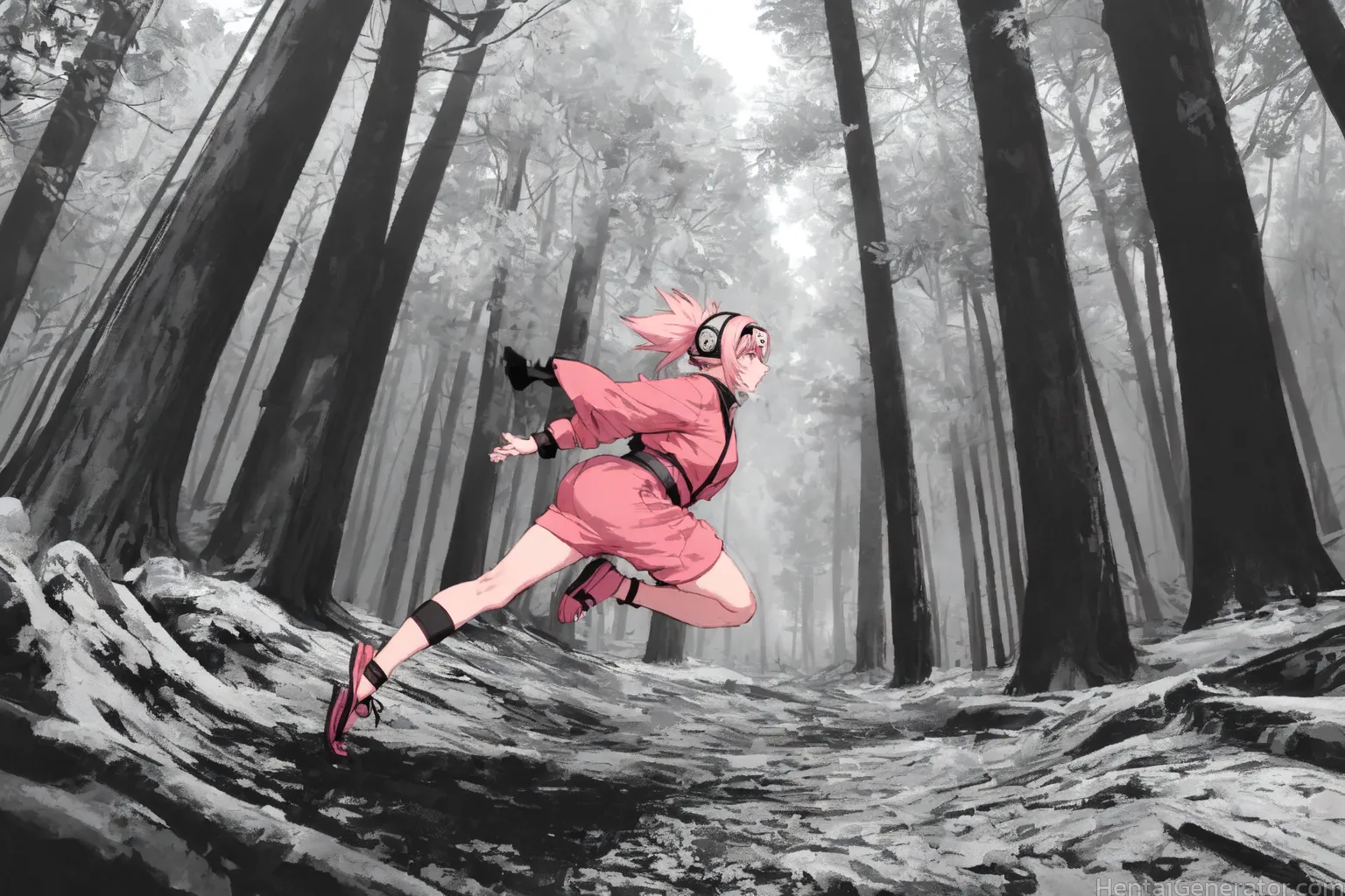  1girl bamboo bamboo forest bare tree branch forest goggles goggles on head japanese clothes kimono long sleeves nature outdoors pink hair pink kimono