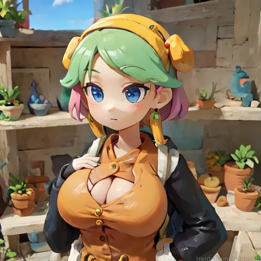  1girl bamboo blue eyes breasts brick wall bush cactus carrot cleavage coconut day earrings flower flower pot gloves grass green hair hairband house h