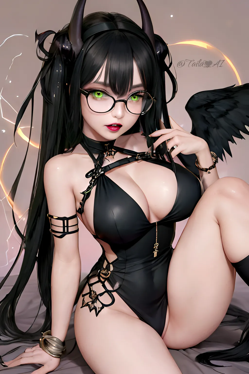  1girl bangle bangs bare shoulders black-framed eyewear black hair black wings bracelet breasts cleavage demon girl demon horns dress feathered wings 