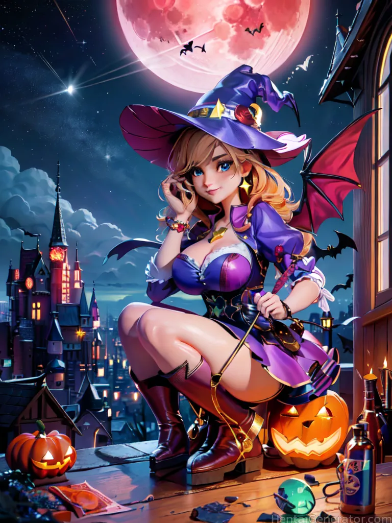  1girl bangle bare tree basket bat bat hair ornament bat print bat wings blue eyes boots bracelet breasts broom broom riding building candle candy can