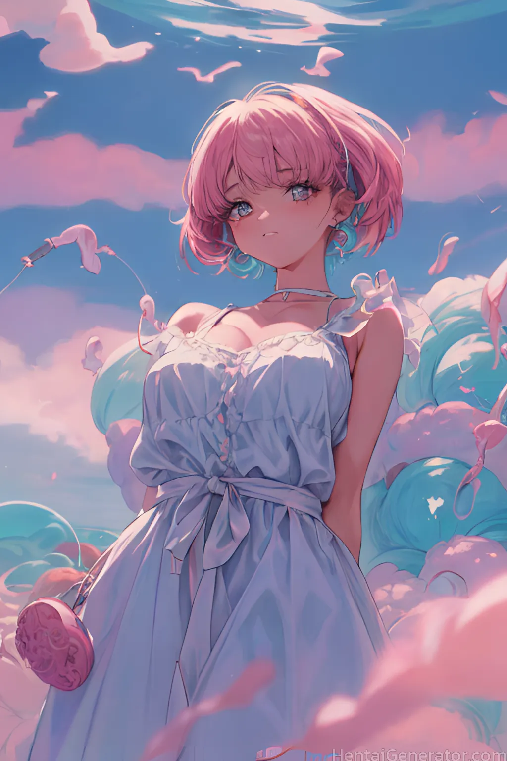  1girl bangs bare shoulders bird blue eyes blue sky blush breasts cleavage closed mouth cloud cloudy sky collarbone dress earrings eyebrows visible th