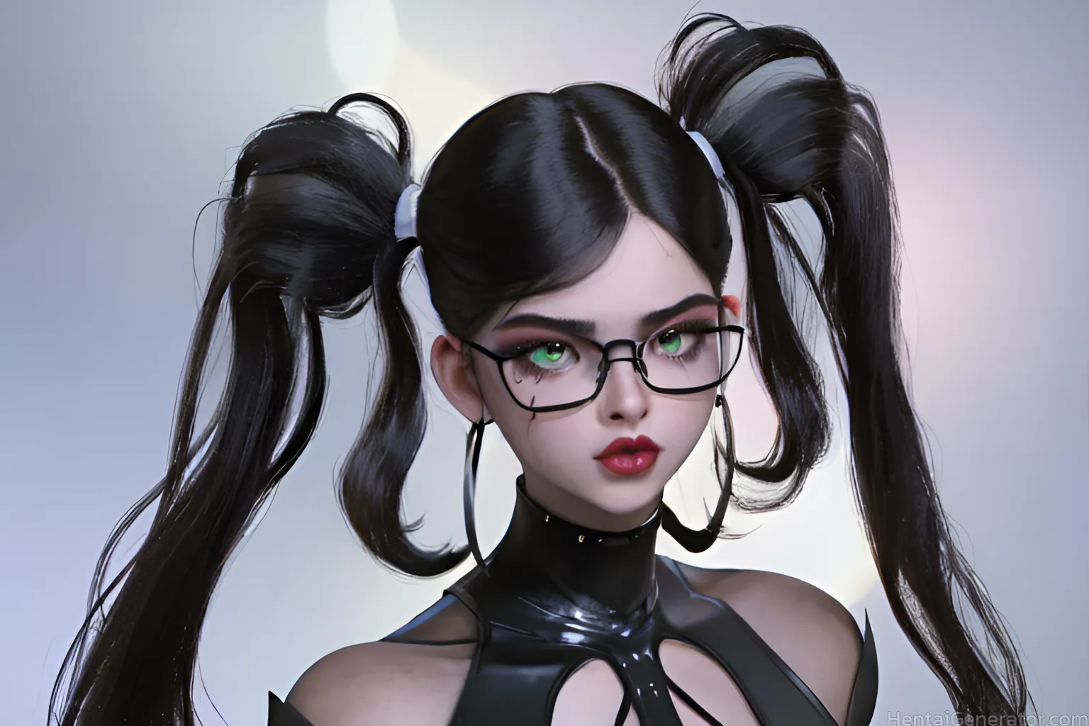  1girl bangs bare shoulders black-framed eyewear black hair breasts cleavage cutout clothing cutout glasses gradient gradient background green eyes li