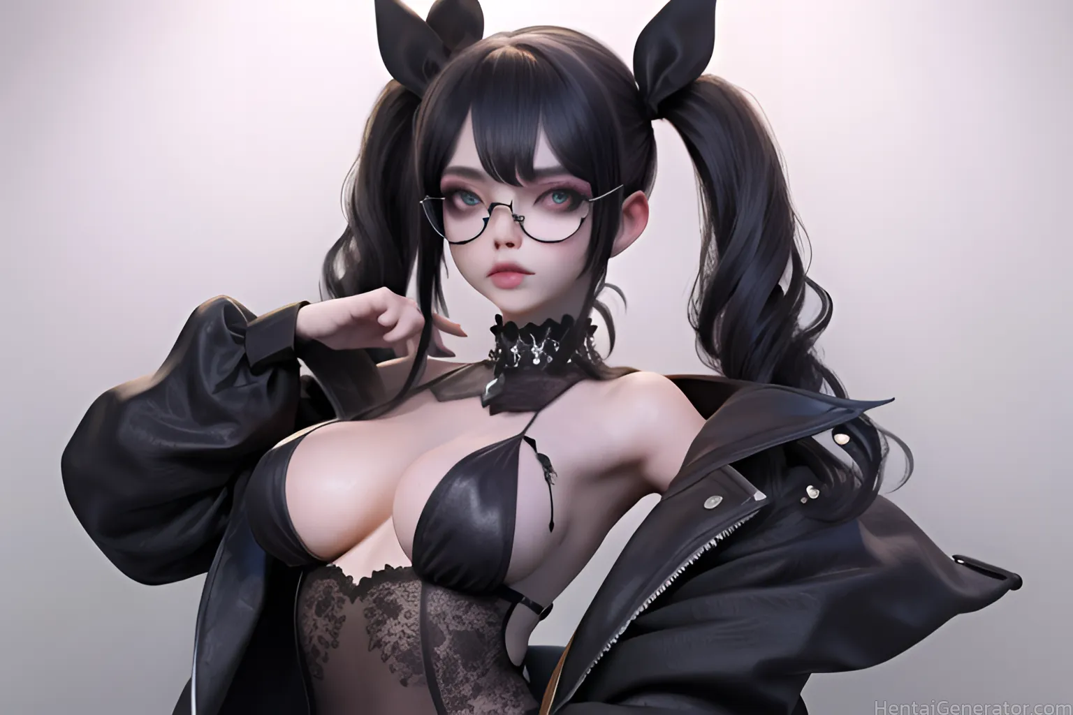  1girl bangs bare shoulders black-framed eyewear black hair black jacket black ribbon blue eyes bow breasts choker glasses gradient gradient backgroun