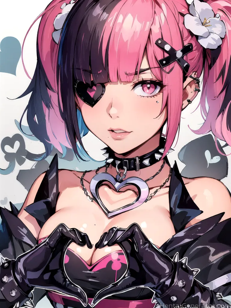  1girl bangs bare shoulders black gloves breasts chain cleavage collarbone ear piercing earrings eyebrows visible through hair flower gloves hair orna