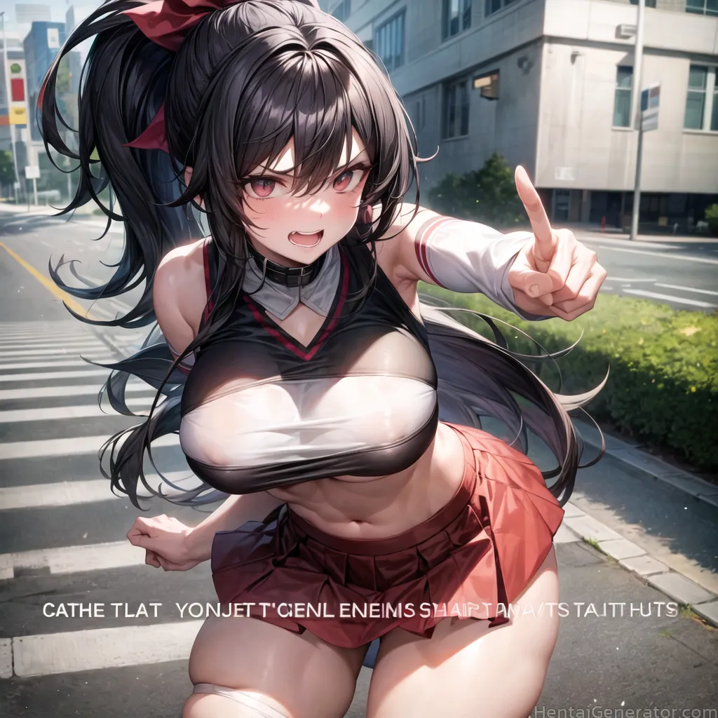  1girl bangs bare shoulders black hair black shirt blush breasts city crop top hair ribbon index finger raised large breasts long hair looking at view