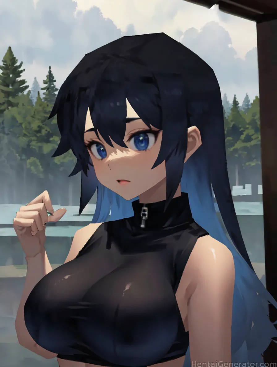  1girl bangs bare shoulders black hair blue eyes blue hair blue sky breasts cloud cloudy sky crop top day hair between eyes large breasts long hair op