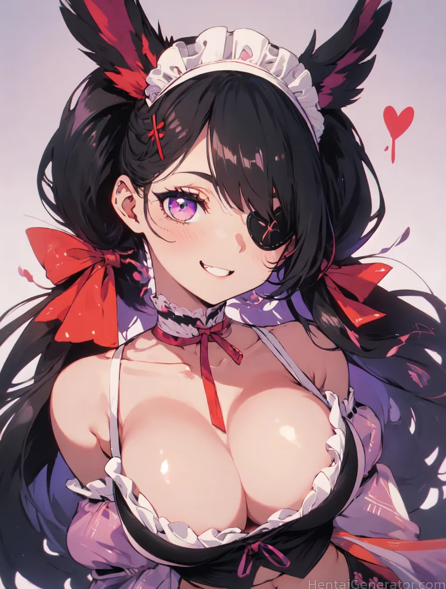  1girl bangs bare shoulders black hair blush bow breasts choker cleavage collarbone detached sleeves frills gradient gradient background grin hair bow