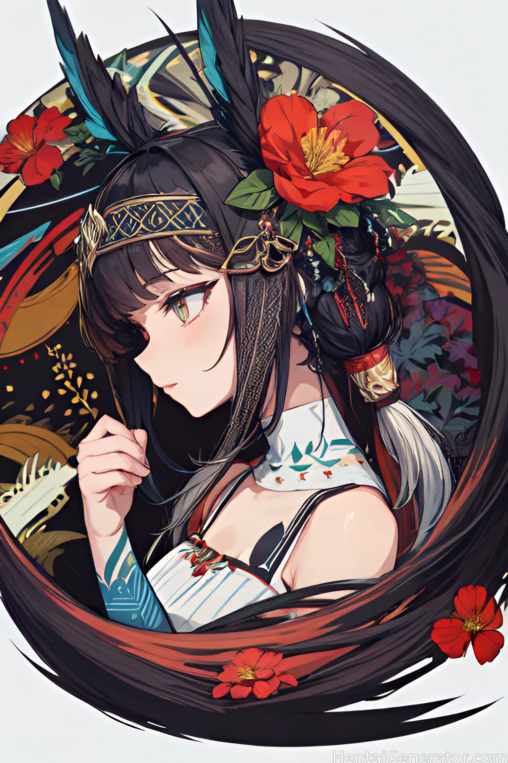  1girl bangs bare shoulders black hair camellia closed mouth daisy flower from side gradient gradient background grey background hair flower hair orna