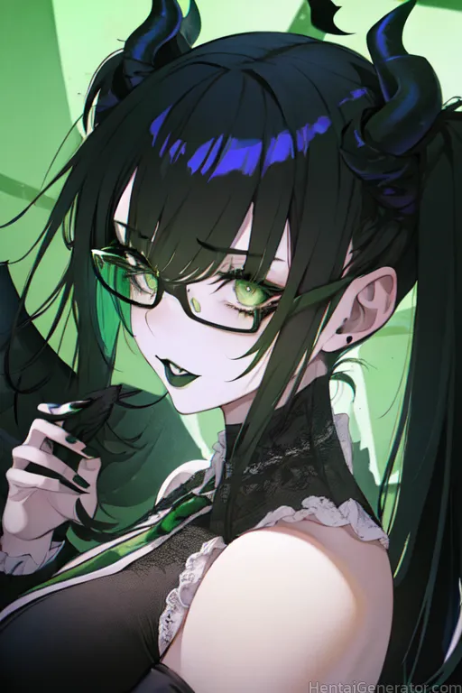  1girl bangs bare shoulders black nails earrings fingernails glasses green background green eyes green hair green nails horns jewelry long hair lookin